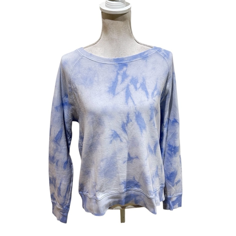 Athleta pale Blue & White tie dye Oversized Sweatshirt ribbed hems size medium
